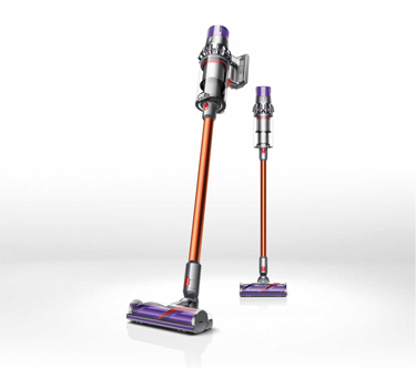 2 Dyson V10 Cordless Hoovers with Orange Wands, White Background - UK