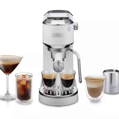 Delonghi EC890W Dedica Duo with Advanced Milk Steam Wand & Cold Brew Option in White