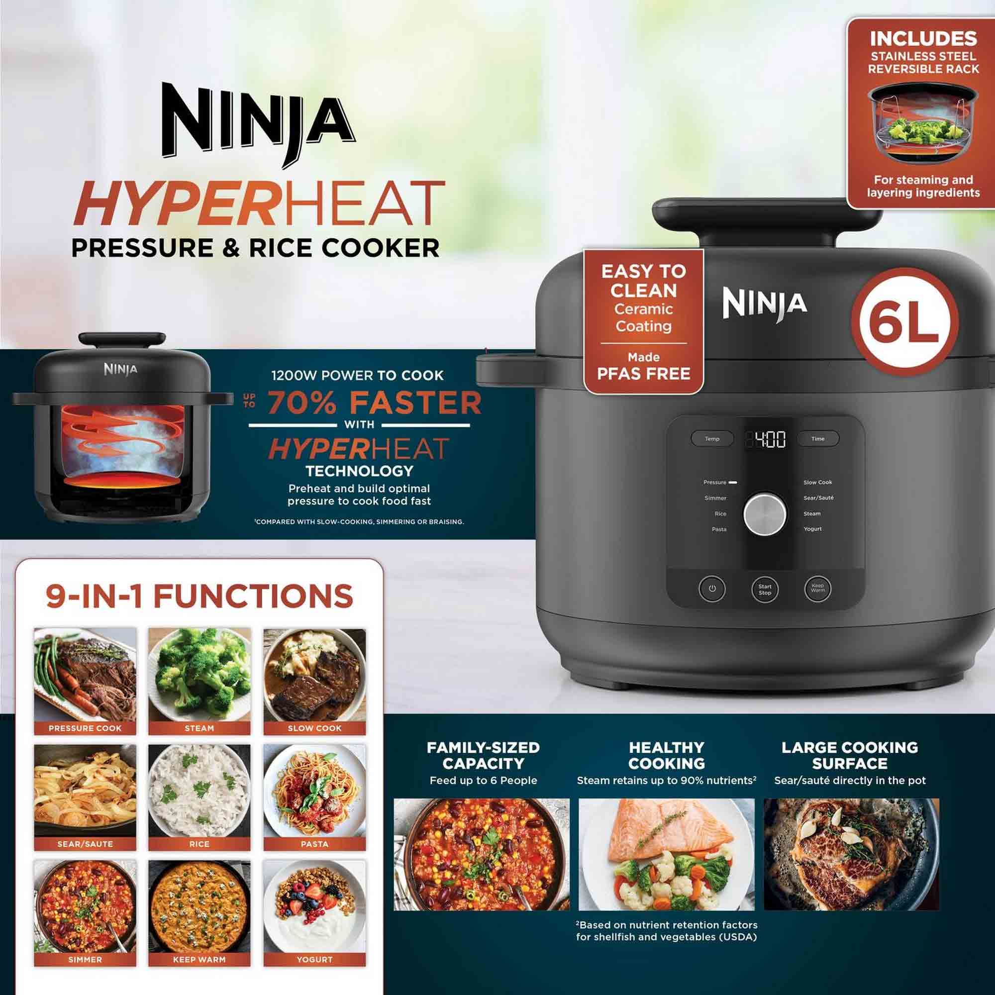Ninja HyperHeat 9-in-1 Pressure & Rice Cooker – Grey/Black - PC201UK Ninja HyperHeat 9-in-1 Pressure & Rice Cooker – Grey/Black - PC201UK